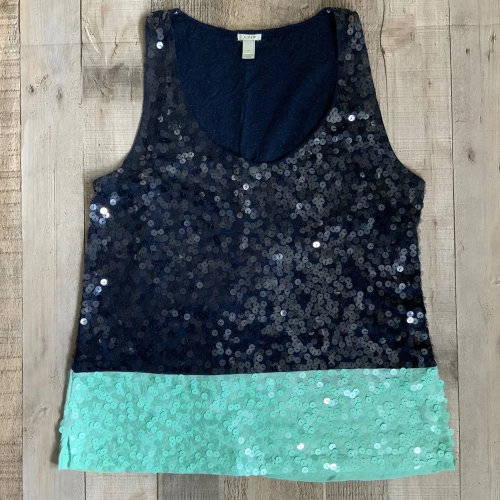J Crew Sequin Embellished Round Neck Sleeveless Tank Top Navy Seafoam Gr…